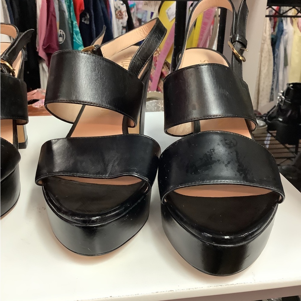 Stuart Weitzman Black Patent Platform Slingback Sandals
